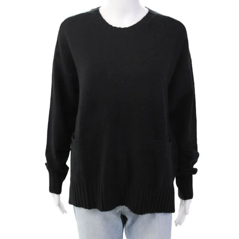 Renuar Womens Front Pockets Crew Neck Pullover Sweater Top Black Size L
